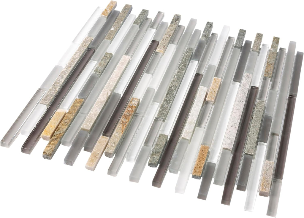 Linear Mosaic Stone Tile Gray & Black 11.8x11.8 Polished 4.83 sq ft 5-Pack | Mesh-backed natural marble. Kitchen