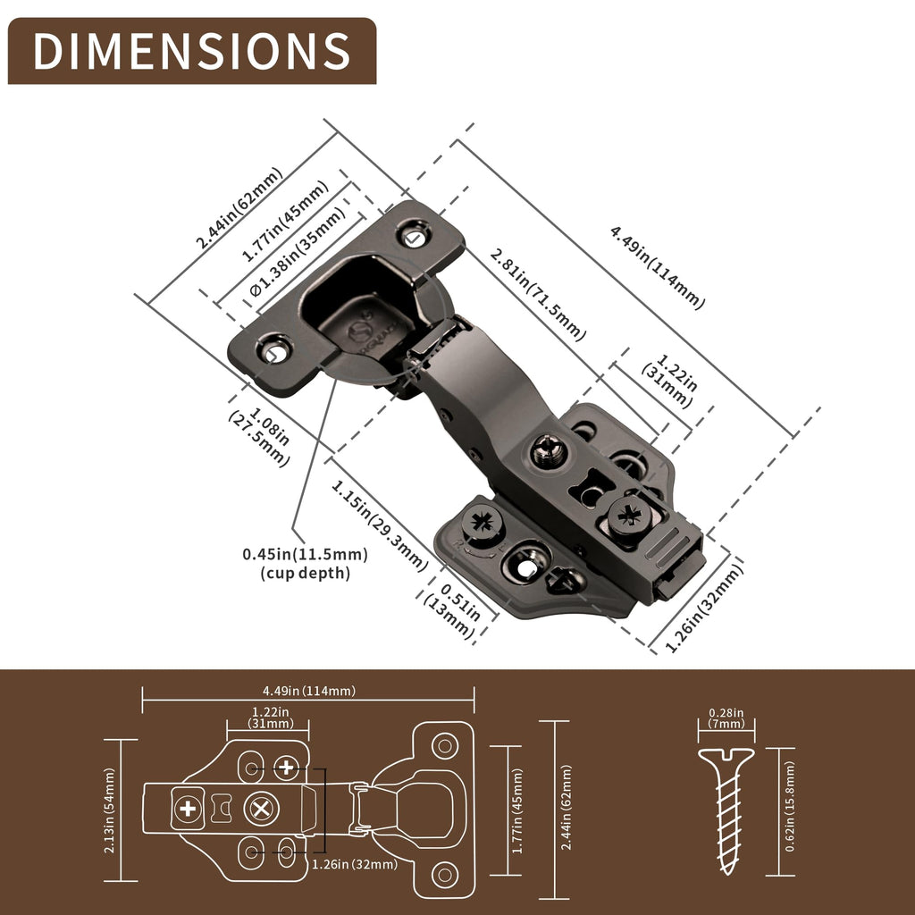 6 Pack Inset Overlay Soft Close Cabinet Hinges 105° Frameless 3 Way Adjustable Soft Close Hinges for Cabinet Doors