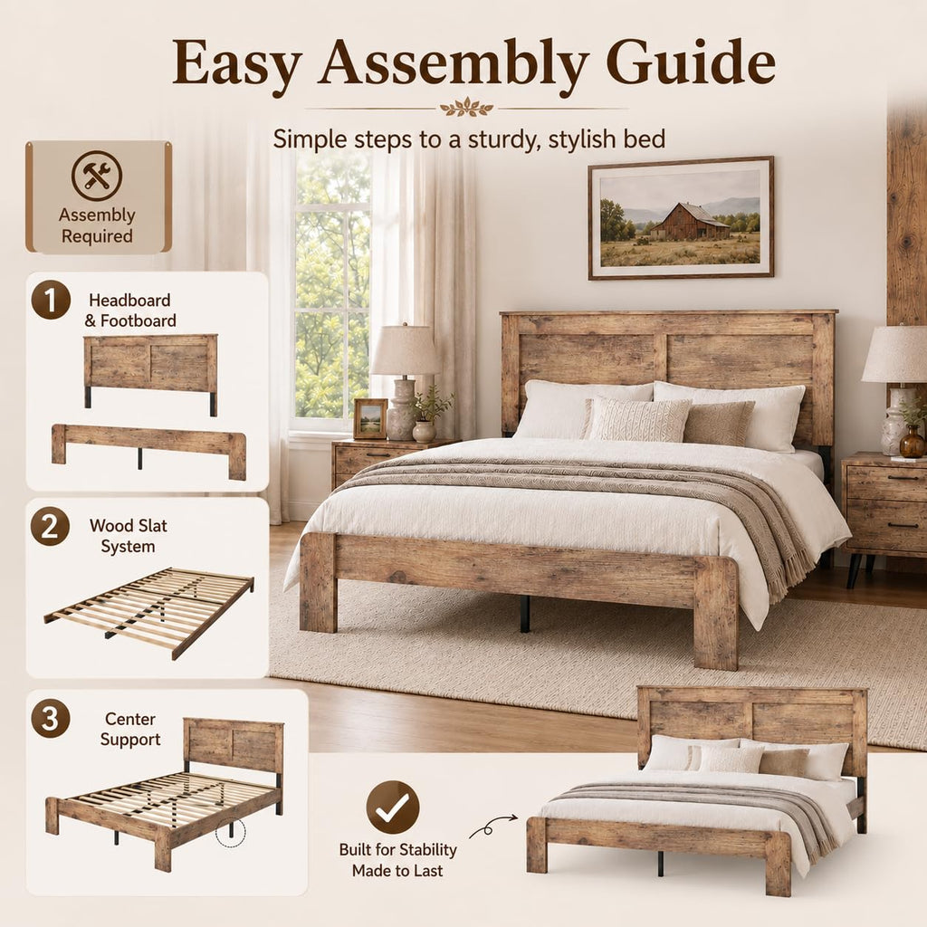 Rustic Wood Bed Frame with Headboard