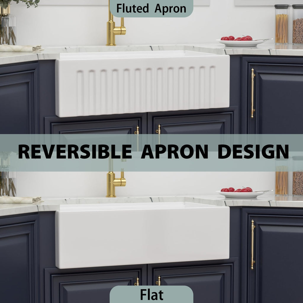 33 White Farmhouse Kitchen Sink - 33X20 Inch Ledge Workstation Reversible Fluted Apron Front Ceramic Porcelain Farm