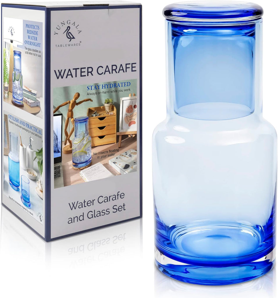 Ombre Blue Bedside Water Carafe and Glass Set, 5 oz Glass Carafe with Matching Glass Lid, Drip-Free Pour Design