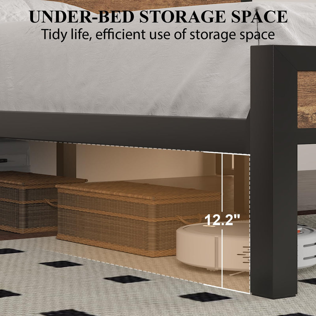 Bed Frame with Storage Headboard and LED Lights, Rustic Brown