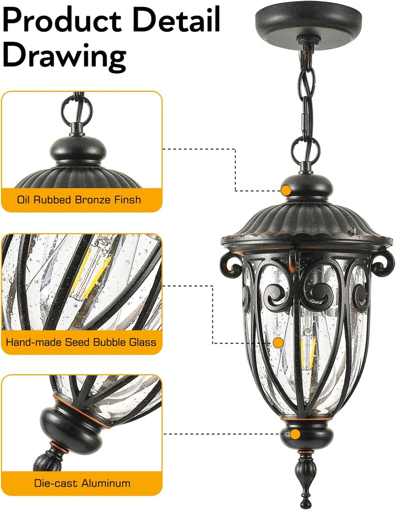 Outdoor Pendant Light Lantern, Farmhouse Outdoor Chandelier, Vintage Outdoor Hanging Lights with Seed Glass