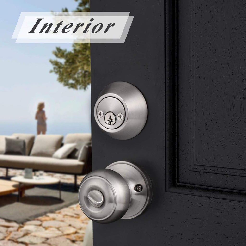 Front Door Entry Handles Lockset and Double Cylinder Deadbolt Combination Set, Satin Nickel (2 Pack) Keyed Alike