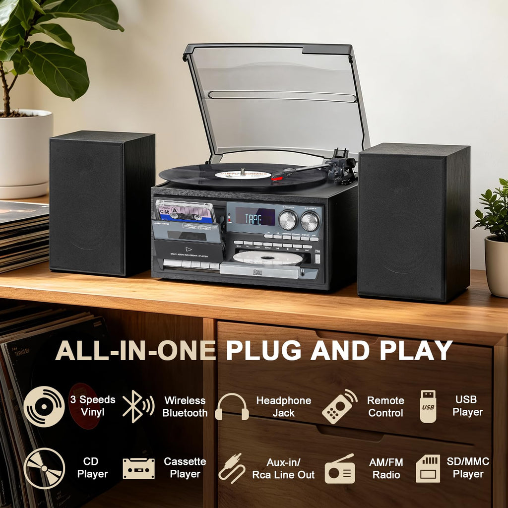 Record Player 10-in-1 Classic Black Music Console with External Stereo Speakers, Bluetooth Receiver/Transmitter