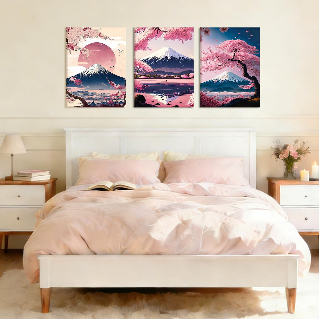3 Pcs Fuji Mountain Cherry Blossom Canvas Wall Art