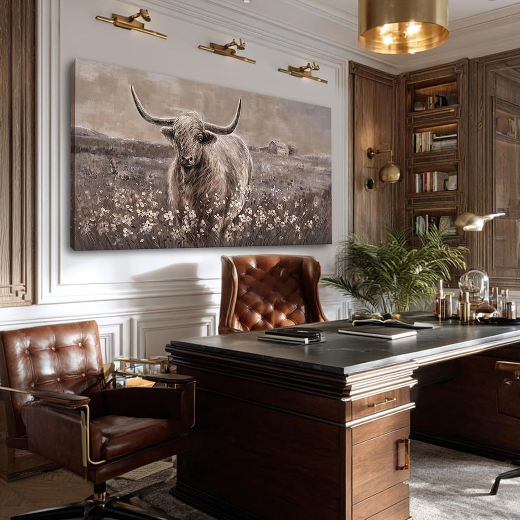 Beige and Brown Highland Cow Canvas Wall Art - Inch Framed Large Painting for Rustic Farmhouse Living Room