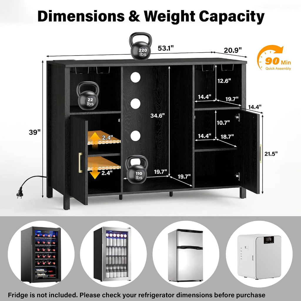 53" Fluted Coffee Bar Cabinet with Power Outlet, Mini Fridge Space and Wine Glass Racks, Black