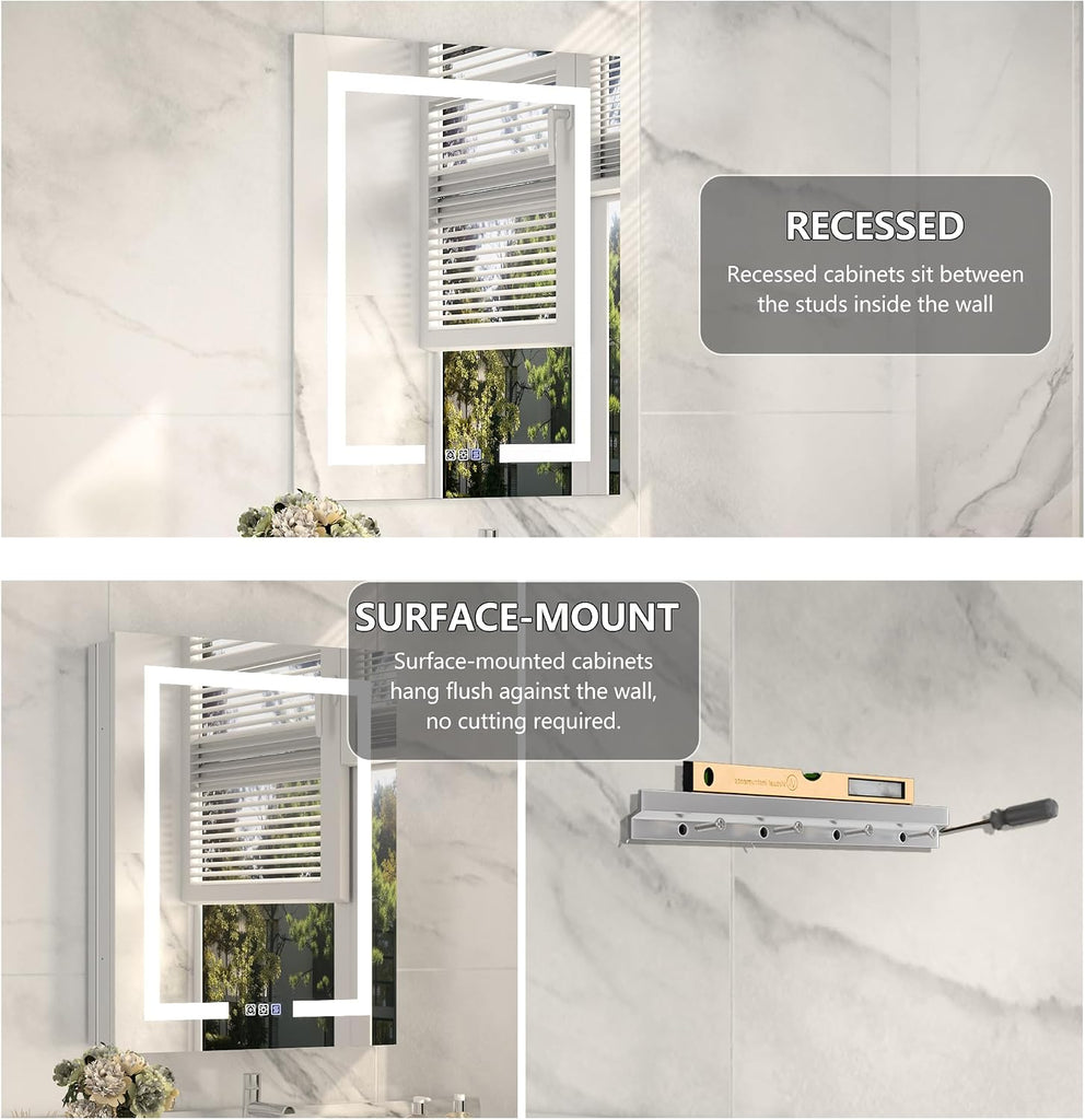 24x30" LED Medicine Cabinet, Anti-fog, Adjustable shelves, Square-ring Glow | Lighted Medicine Cabinet with Mirror