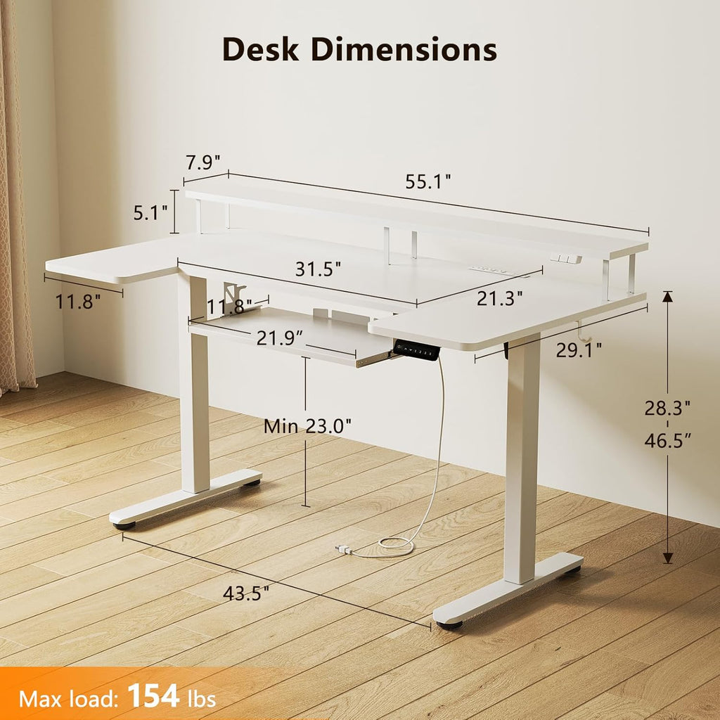 55 Inch U Shaped Electric Standing Desk with Keyboard Tray, White | 3 Outlets & 2 USB Ports, Dual-Monitor Stand, 10