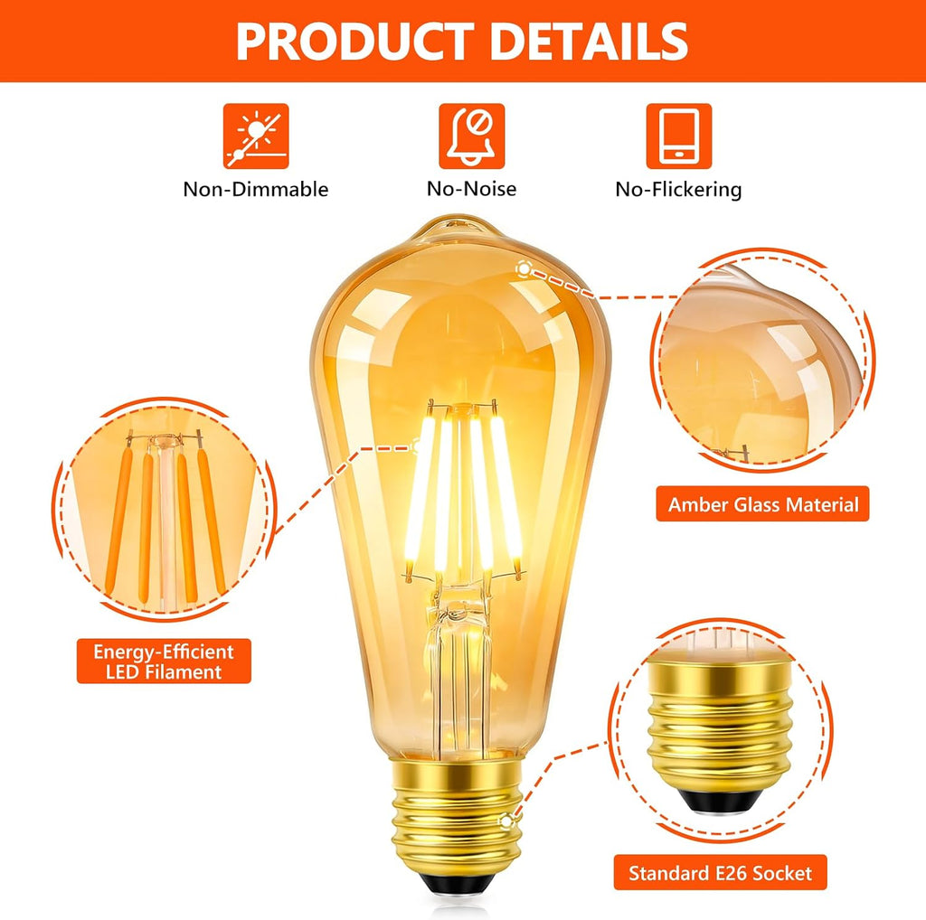 Vintage LED Edison Bulbs 60W Equivalent, Amber Warm 2200K, 2 Pack