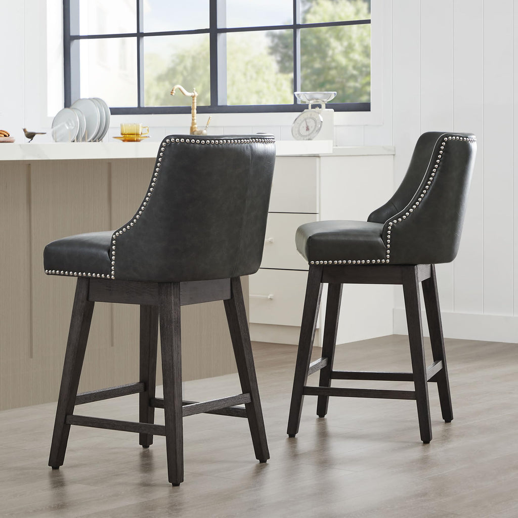 26" Counter Height Swivel Bar Stools, Retro Grey Faux Leather, 2-Pack