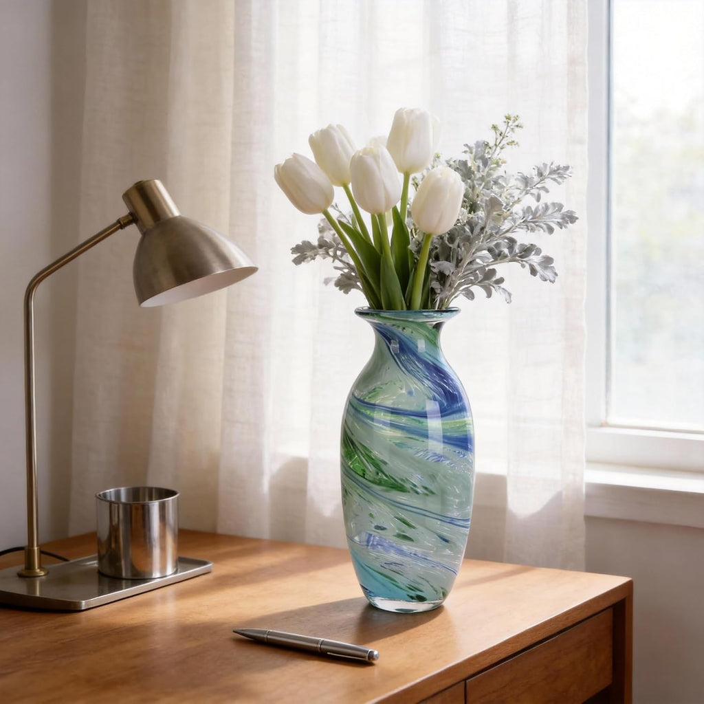Hand Blown Glass vase, Blue Green Wide Mouth vase, Contemporary Glass Art Suitable for Display on Living Room Dining