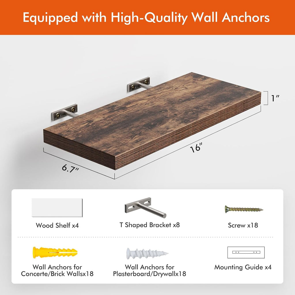 16''Rustic Brown Floating Shelves for Wall Set of 4,Rustic Wood Shelf for Room Decor/Storage/Display,Small