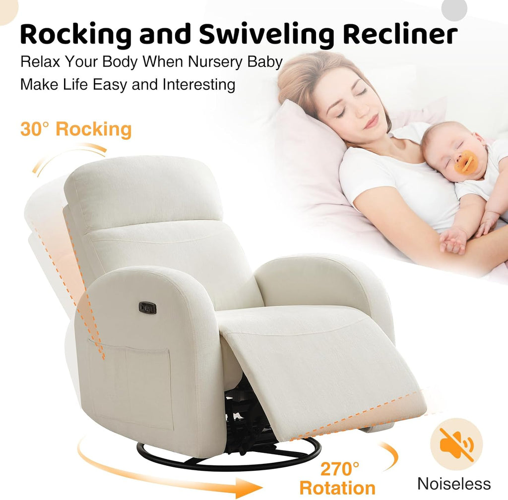 Power Nursery Glider Recliner, Chenille Electric Rocker Recliner with Type-C & USB Port, Nursery Swivel Rocker