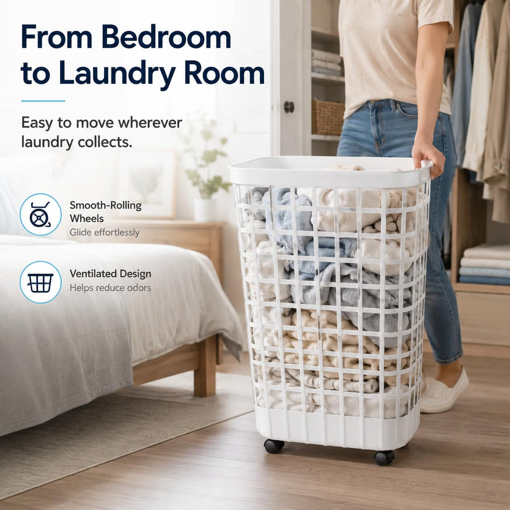 White Rolling Laundry Hamper 2.6 Bushel with Smooth-Glide Wheels
