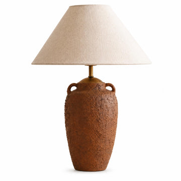 Textured Ceramic Table Lamp with Linen Shade, Rustic Bedside Lamp, Brown