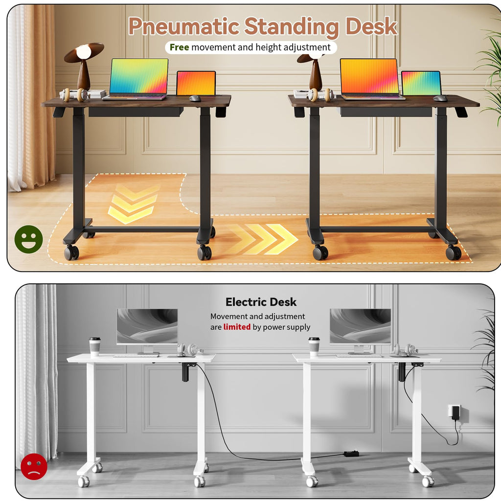 Mobile Standing Desk with Drawer, Height Adjustable, 35" Walnut