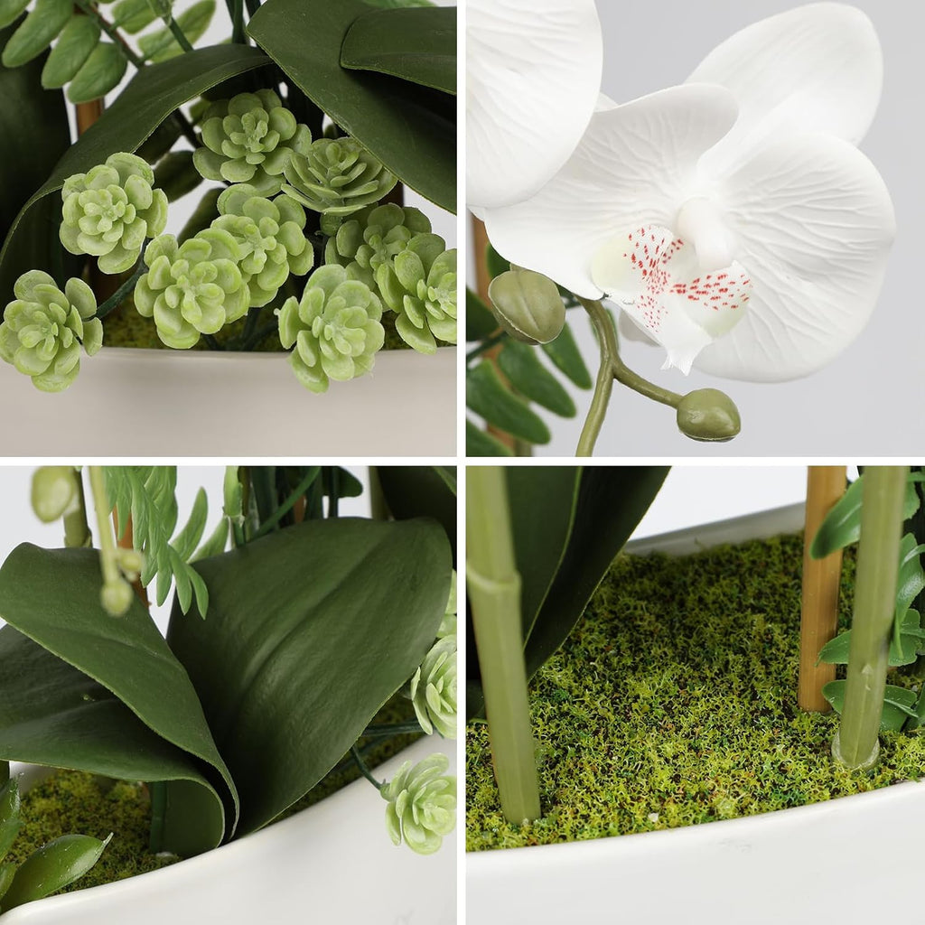 Orchid Artificial Flowers 18in White Fake Orchid Silk Flowers with Ceramic Pot Faux Orchid Arrangement Room Coffee