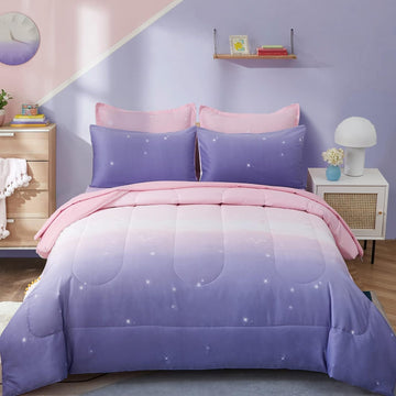 Girls Comforter Set Twin XL/Full Colorful Ombre Pink Rainbow Bedding Set Bed in A Bag for Kid Teen Girls 7 PC (1