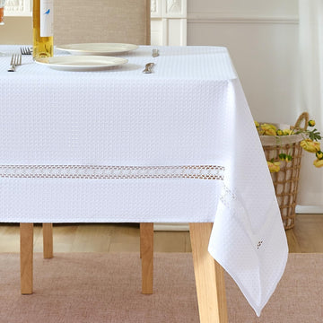 Heavy Duty Waffle Weave Jacquard Fabric Tablecloth with White Lace,Waterproof and Stain-Resistant Ta
