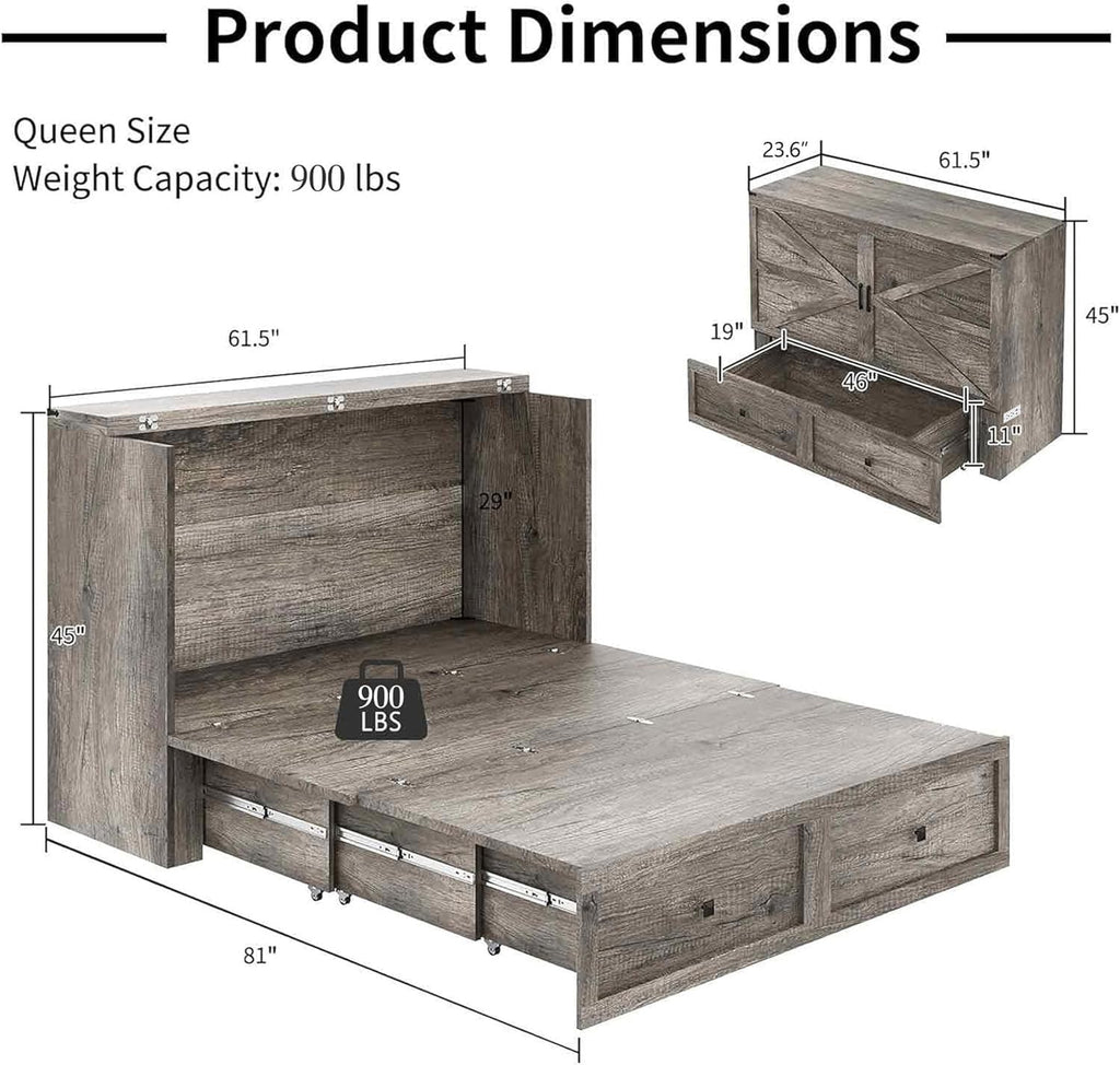 Murphy Bed Queen Cabinet Bed with Charging Station, Large Storage Drawer for Home Office or Small Room, Hideaway Bed