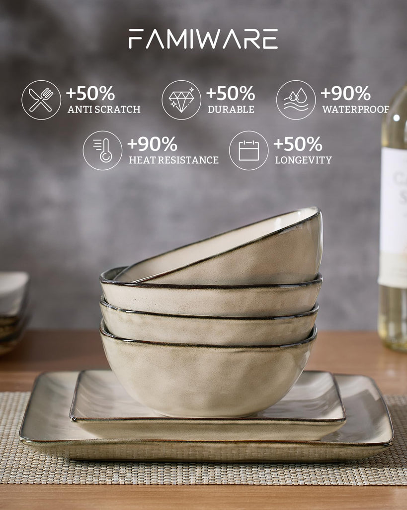 Square Ceramic Dinnerware Set for 4, Plates and Bowls, Light khaki