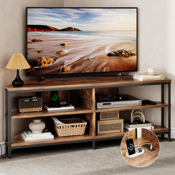 Corner TV Stand with Power Outlet, Corner Entertainment Center for 32 43 50 55 60 Inch TV, Industrial Media Console