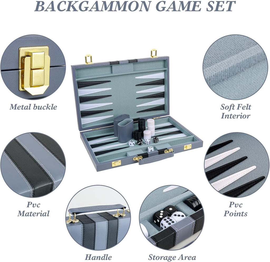 Backgammon Set 2 Players Classic Backgammon Sets for Adults Board Game with PU Leather Case Portable and Travel - Set of 30