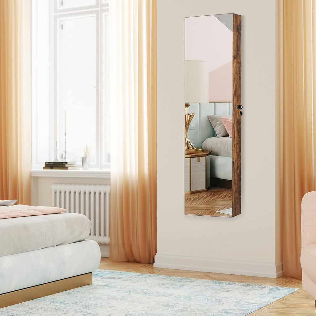 Wall Door Jewelry Armoire, 47.5" H Full Length Mirrored Jewelry Cabinet with 2 LED Lights and 2 Drawers, Lockable