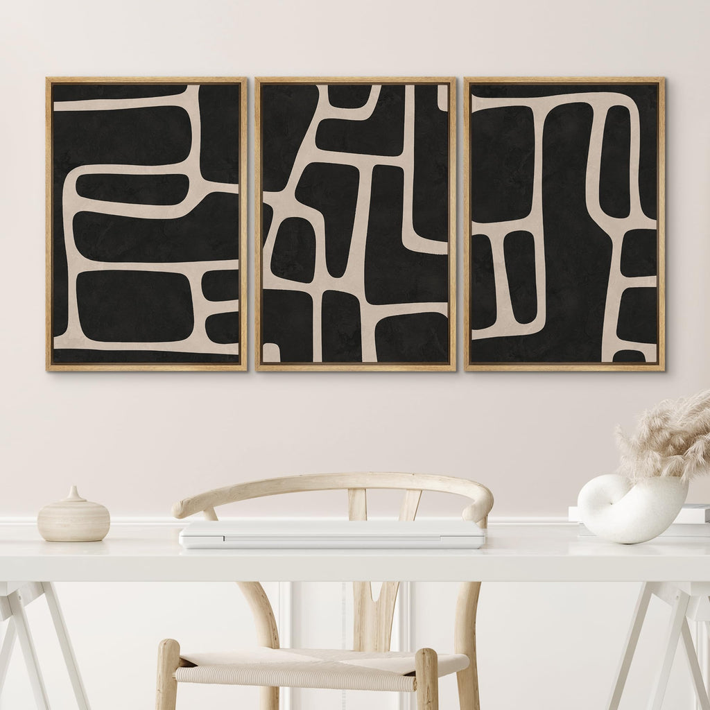 Framed Canvas Print Wall Art Set Black & White Mid-Century Polygon Pattern Abstract Shapes Geometric Illustrations