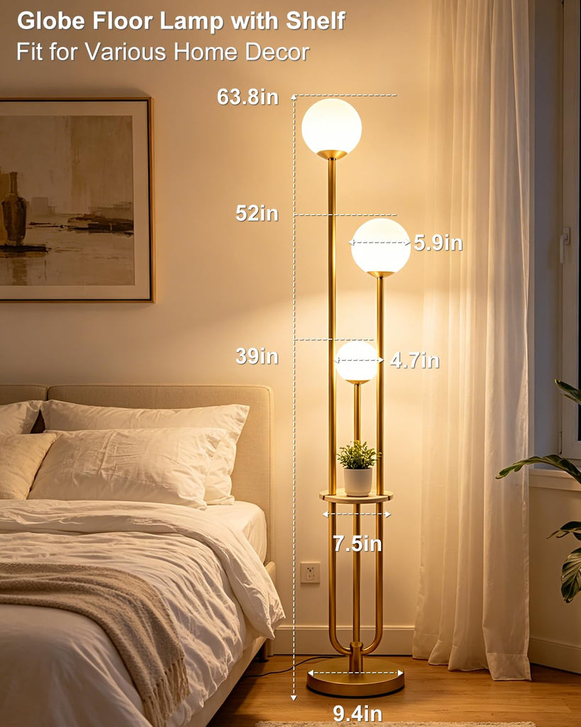 63IN Dimmable Gold Floor Lamp with Shelf Mid Century Standing Lamps with 3000K Bulbs Included Modern Globe Floor Lamp