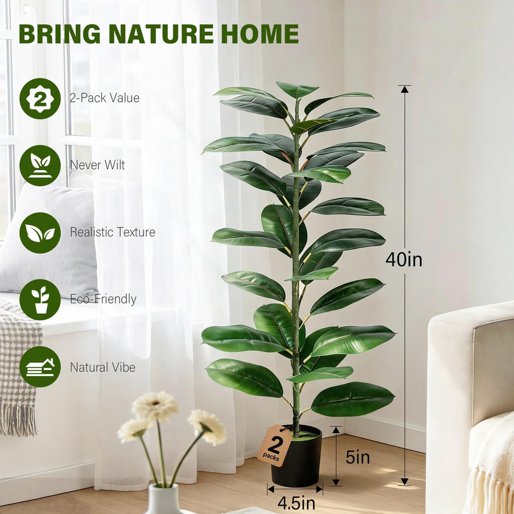 2 Pack Rubber Tree Floor Plant Fake Tree Indoor Fake Plants Artificial Plants Medium Faux Plants Bathroom Bedroom
