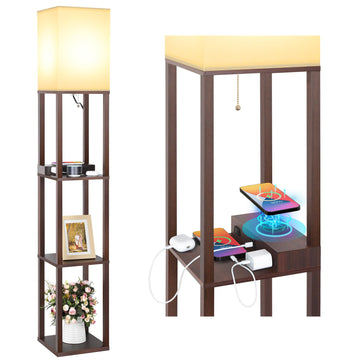 Shelf Floor Lamp with Wireless Charger, USB, Type C, AC Port,Brown
