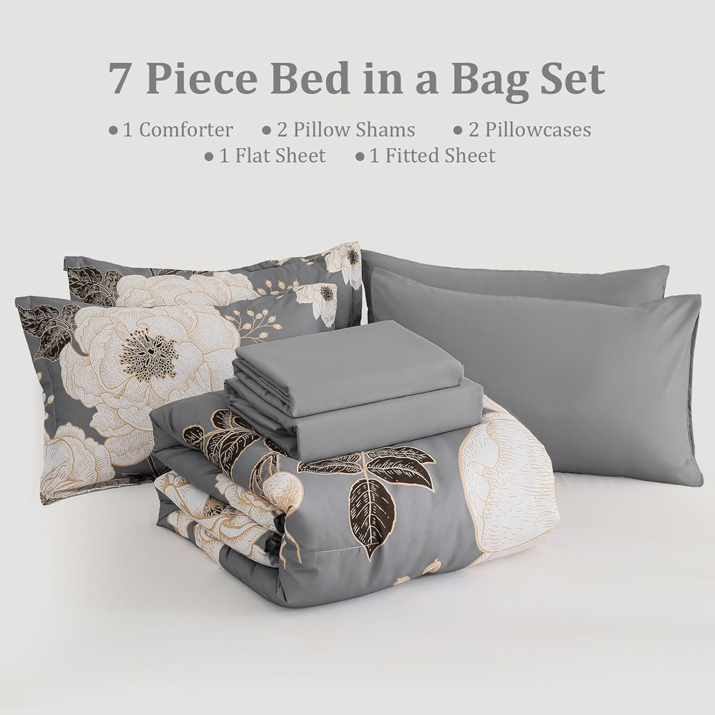 Floral King Comforter Set 7 Pieces Bed in a Bag, White Flower Print on Grey Bedding Set