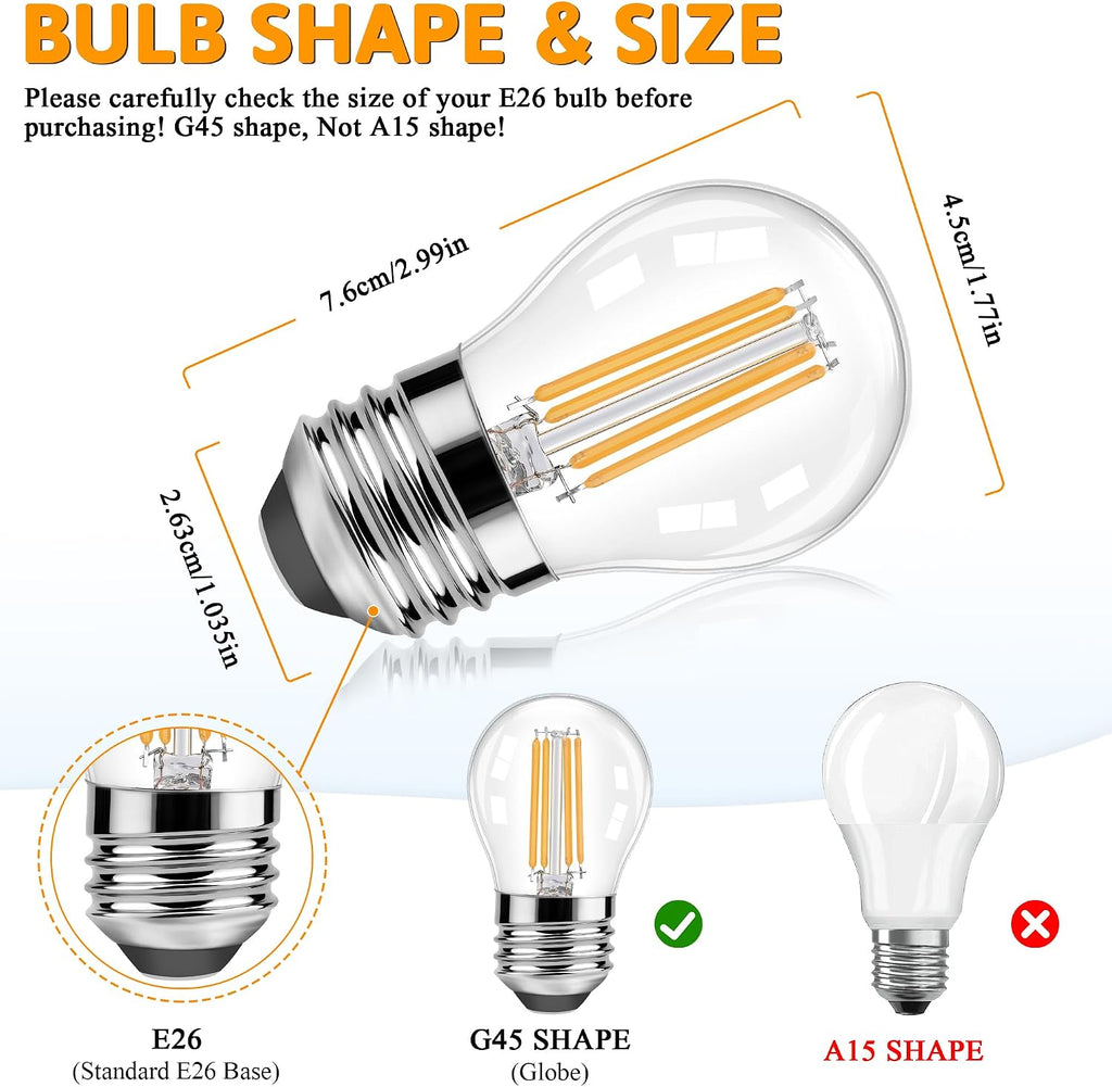 G45 E26 LED Edison Filament Bulbs 6W Equivalent 60 Watt, 2700K Warm White