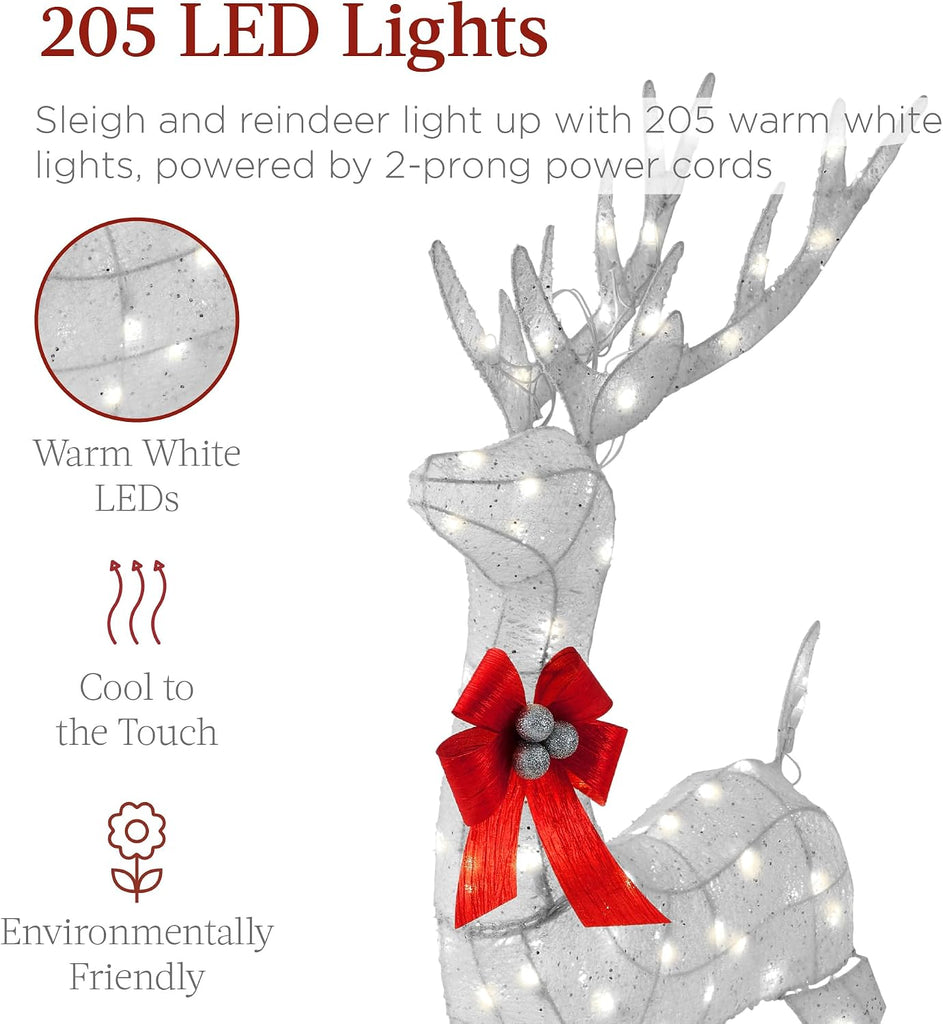 Lighted Christmas 4ft Reindeer & Sleigh Holiday Outdoor Yard Decoration Set w/ 205 LED Lights, Stakes, Zip Ties