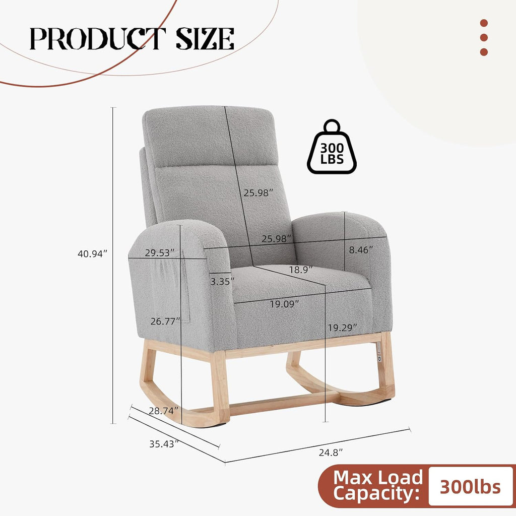 Rocking Chair Nursery,Glider Chair Nursery Chair with High Back and Side Pocket, Rocking Accent Armchair with Rubber