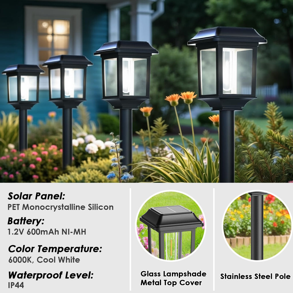 Solar Outdoor Lights Waterproof, 8 Pack Metal Glass Solar Pathway Lights Outdoor Lighting Garden Decor for Landscape