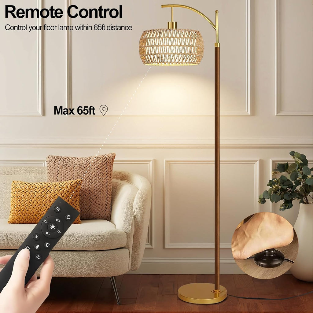 Boho Floor Lamps Rattan Floor lamp with Remote Control & 3 Color Temperatures, Wood Vintage Mid Century Modern