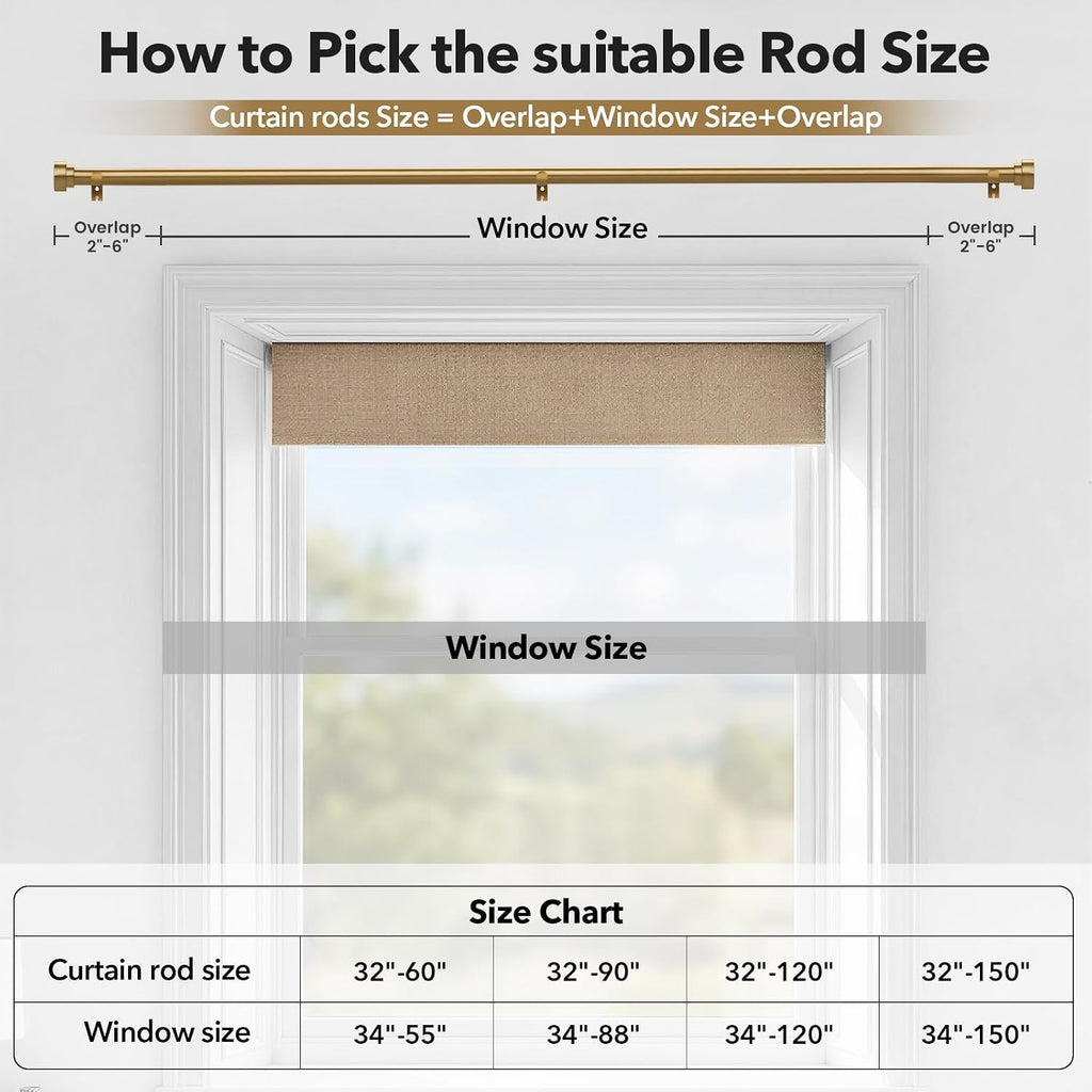 Brass Curtain Rods for Windows 32 to 60 Inch,1 Inch Heavy Duty Brush Gold Window Curtain Rod with Solid Metal Finials
