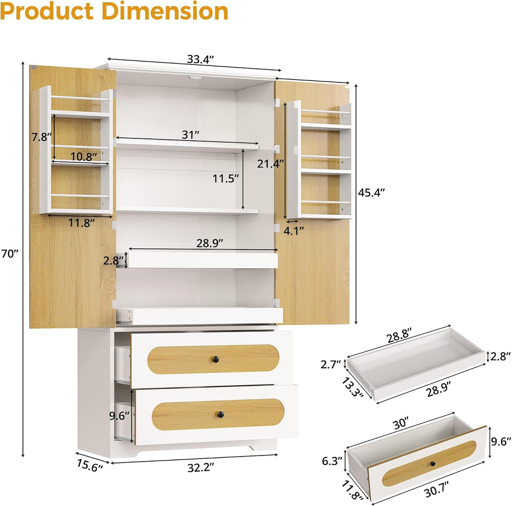 70" Kitchen Pantry Cabinet with Pull-Out Shelves, White | Pantry Storage Cabinet with 6 Door Organizers, 2 Drawers