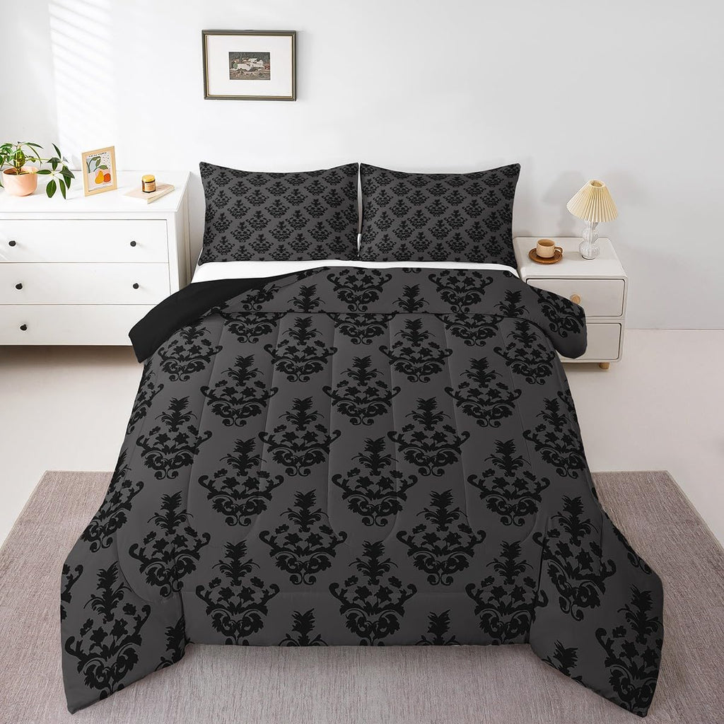 Gothic Victorian Damask Comforter Set King - Vintage Baroque Goth Bed Set With Black Floral Pattern - Bohemian Decor