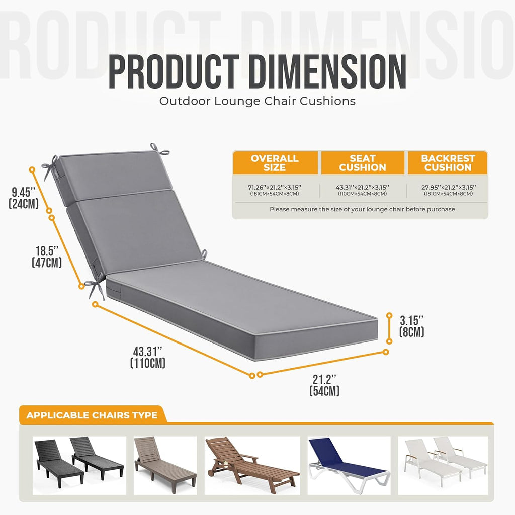 Waterproof Chaise Lounge Cushions, 72x21x3 Inch Outdoor Lounge Chair Cushion High-Density Foam Fade Resistant Patio