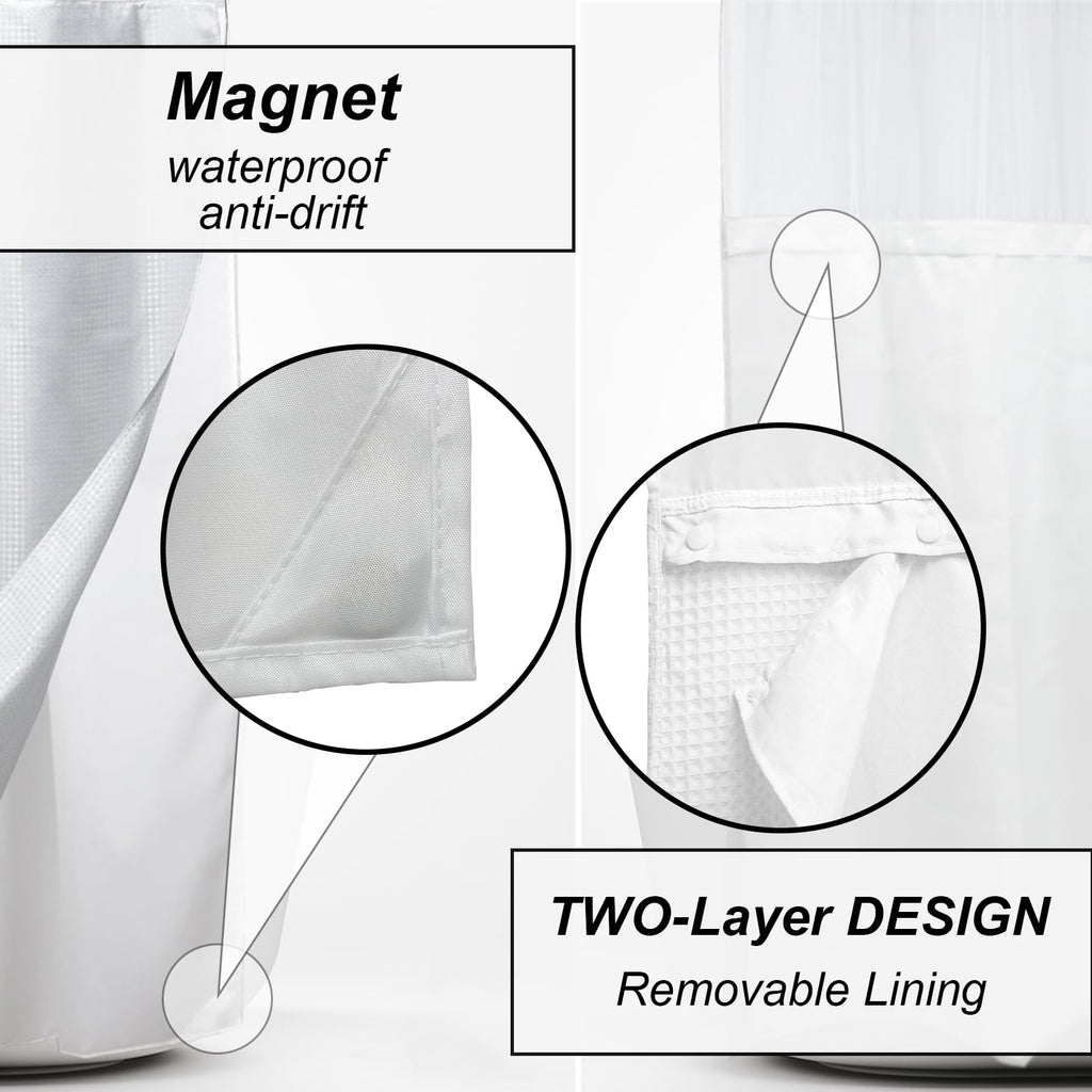 White Waffle Weave Shower Curtain with Snap in Liner Polyester Fabric Hotel and Spa Bathroom Decor Set Waterproof