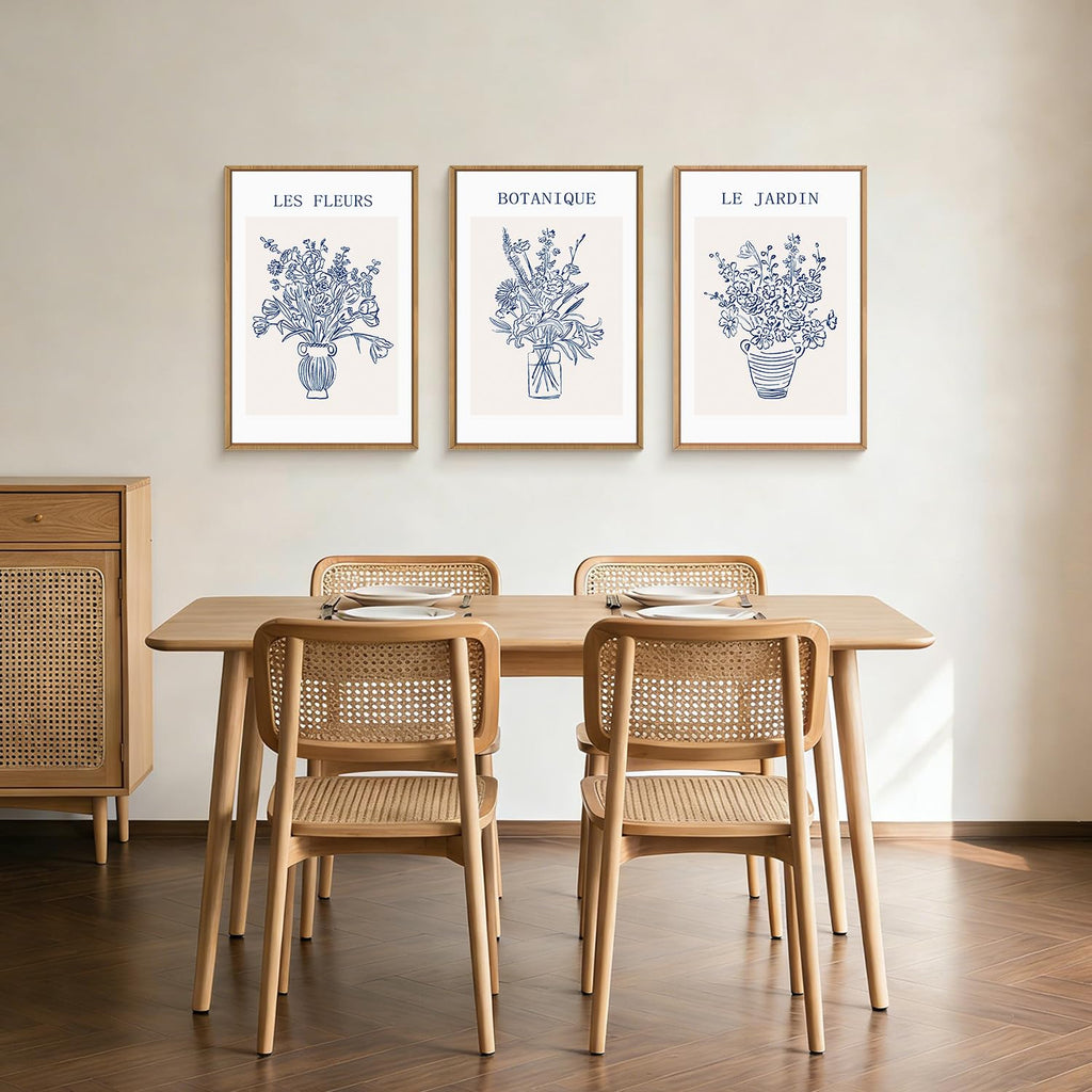 Blue Botanical Flower Framed Canvas Wall Art, Modern Aesthetic Wall Decor, Abstract Navy Blue Painting, Minimalist Line