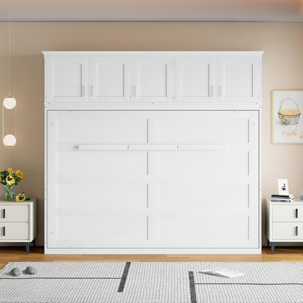 Queen Horizontal Murphy Bed with Storage Cabinet,Wood Folding White Murphy Wall Bed for Adult