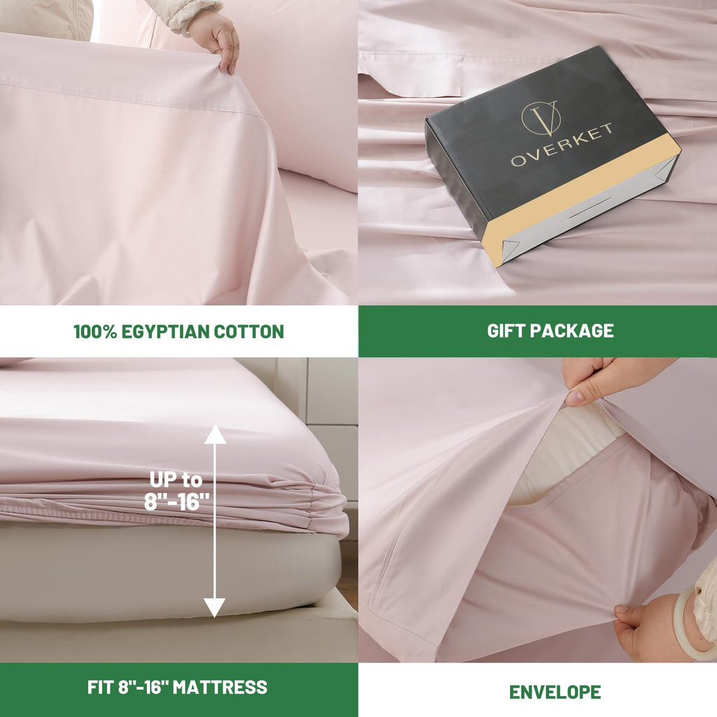 1000 Thread Count Egyptian Cotton Sheets Queen Size Set 4PCS Sateen Weave Soft Breathable 16-Inch Deep