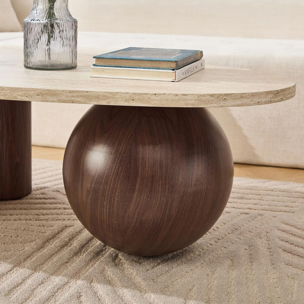 55'' Modern Oval Wood Coffee Table, 3 Walnut Accent Legs
