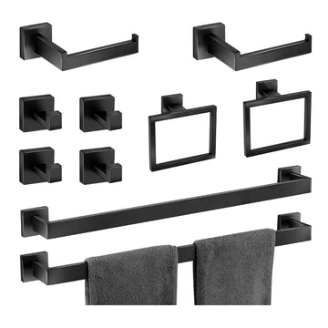 Bathroom Hardware Accessories Set 10 Pieces Matte Black Towel Bar Set 24 Inch, Towel Rack Rings Stainless Steel Bath